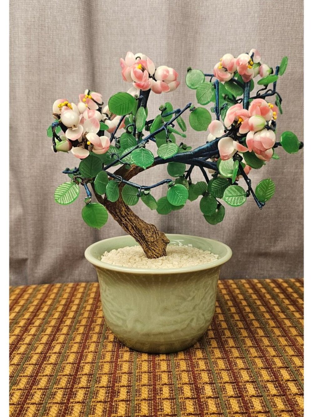 Handcrafted Vintage Glass Bonsai Tree In Jade Green Pot With Pink & White Flower